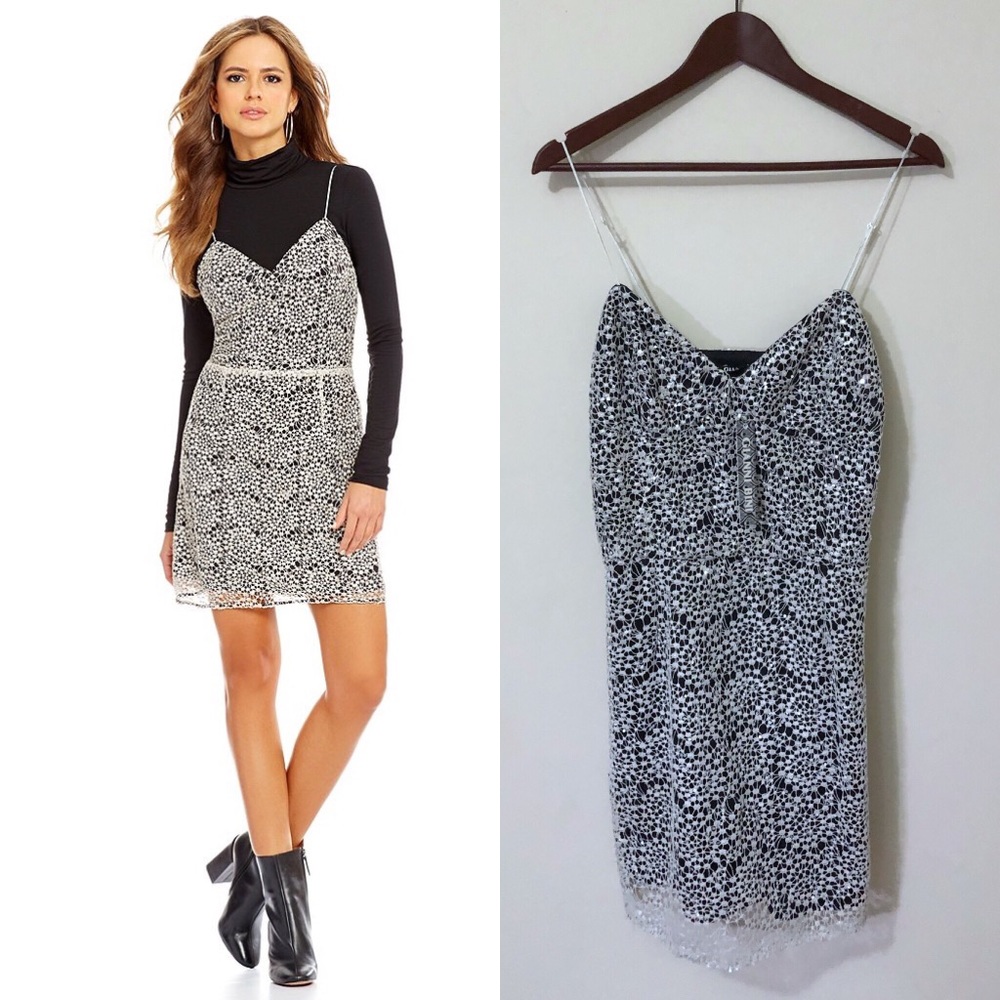 Black and White Sequin Lace Slip Dress - Women's Spaghetti Strap Dress